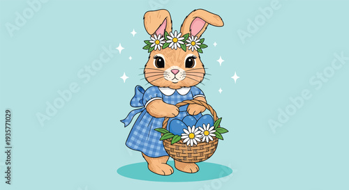Cute Easter Bunny with Flower Crown and Basket of Flowers.