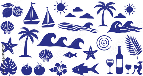 A fun and colorful summer vector bundle featuring beach umbrellas, deck chairs, sunglasses, seashells, hats, cameras, pineapples, palm trees, sailing boats, waves, cocktails, and tropical florals
