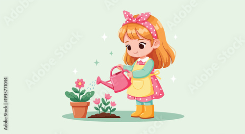Cute girl watering flowers in a garden.