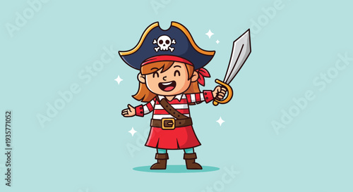 Cute Little Girl Pirate Holding Sword Cartoon Vector Illustration.