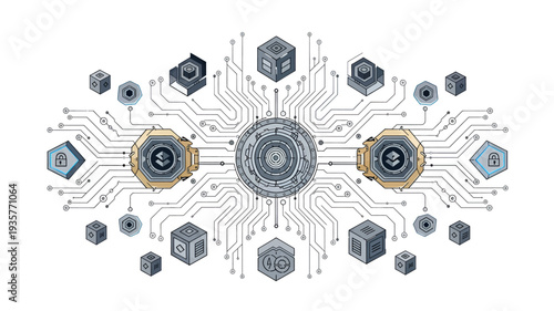 Futuristic Circuit Board with Central Processing Unit and Interconnected Components.