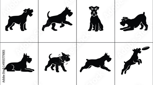 Vector illustration of various dog poses in black silhouette style for pet-related designs