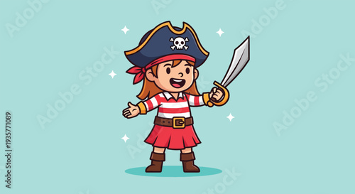 Cute Little Girl Pirate Holding Sword Cartoon Illustration.