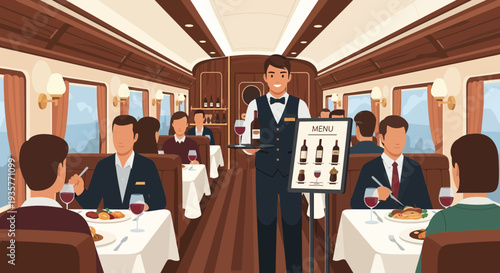 Waiter presenting wine list in luxury train dining car.