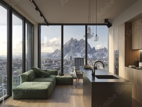 Modern living room with large green sofa. Floor-to-ceiling windows frame snowy mountain peaks. Minimalist kitchen island with integrated sink. Wooden cabinetry and sleek pendant lighting