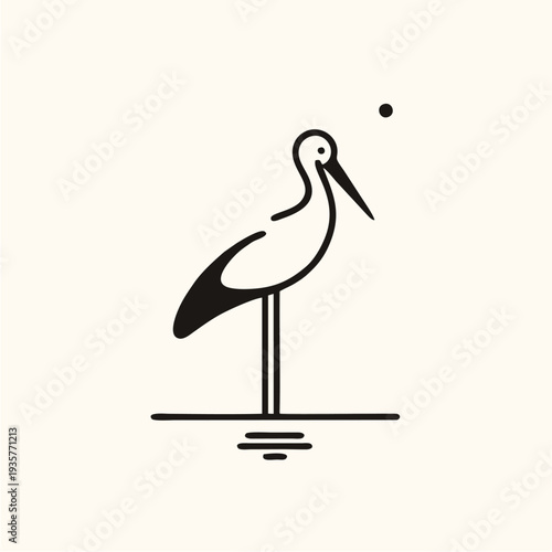 A vector illustration of a white stork with a long beak and black wings delivering a baby across a nature landscape with wildlife elements like a wild heron and crane