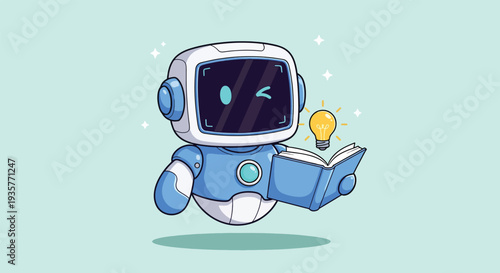 Cute Robot Character Reading Book with Idea Lightbulb.
