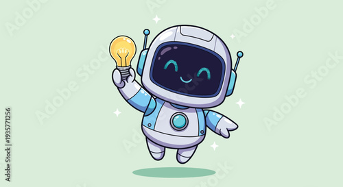 Cute Robot Character Holding a Bright Idea Light Bulb.