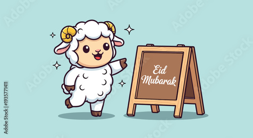 Cute Sheep with Eid Mubarak Sign Cartoon Vector Icon Illustration.