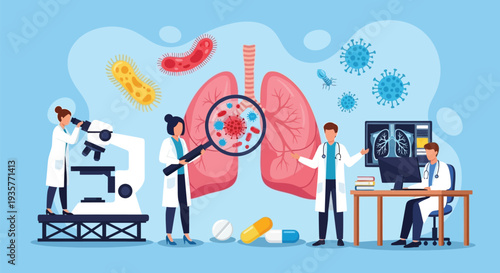 Medical professionals examining lungs and bacteria with microscope and magnifying glass, illustrating disease research and healthcare science with viruses and medical technology