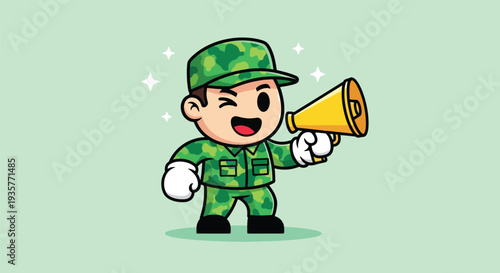 Cute Soldier Character Holding Megaphone.