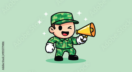 Cute Soldier Character Holding Megaphone Illustration.