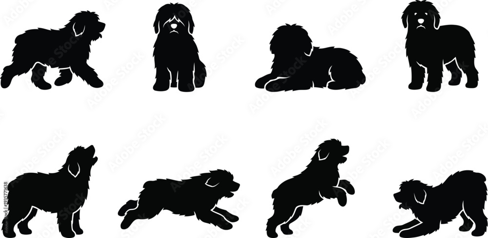 Fototapeta premium Silhouetted illustrations of various dog poses for creative pet-related projects