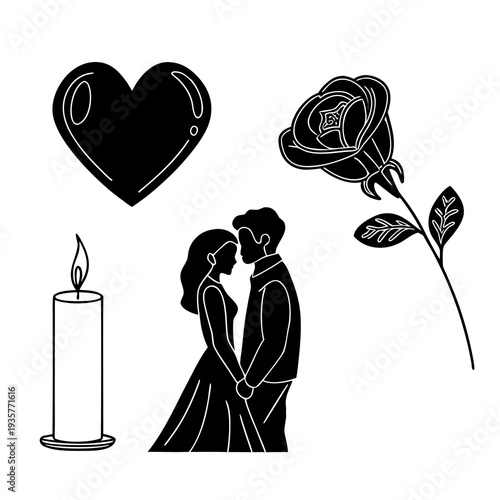 Romantic couple kissing with heart, rose, and candle in black and white