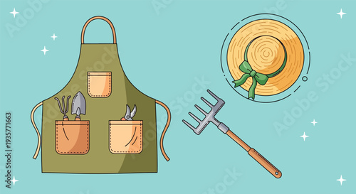 Gardening Essentials Apron with Tools and Straw Hat.