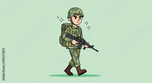 Determined Soldier Walking with Rifle and Backpack.