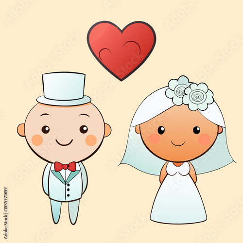 Cartoon illustration of a happy wedding couple with a heart