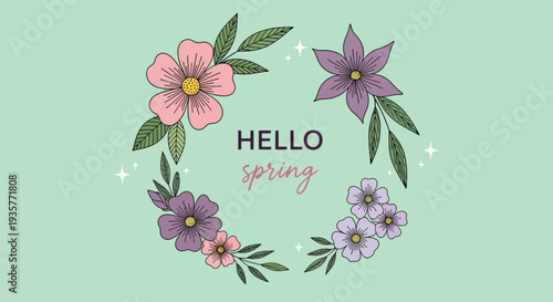 Hello Spring floral wreath on a light green background.