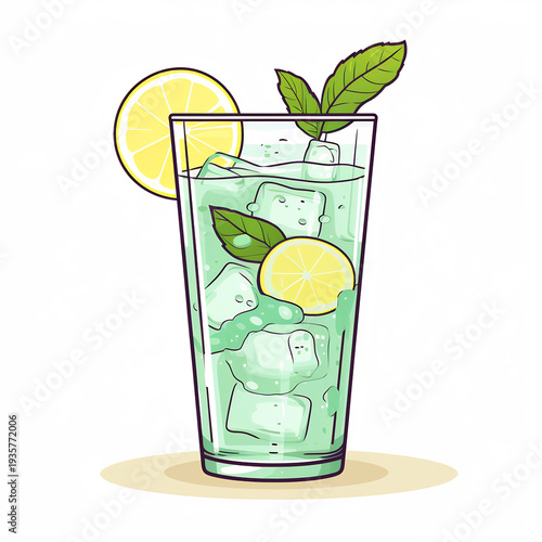 A refreshing glass of minty lemonade on a warm summer day with ice cubes and lemon slices