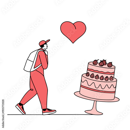 Delivery man walking with a cake and a heart above it, symbolizing love and sweet treats being delivered with care and affection always.