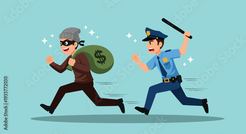 Police officer chasing a thief and a bag of money Vector.