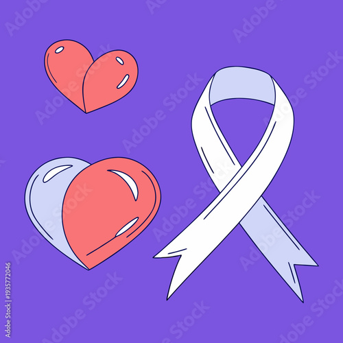 A white ribbon and red hearts on purple background symbolizing awareness and love