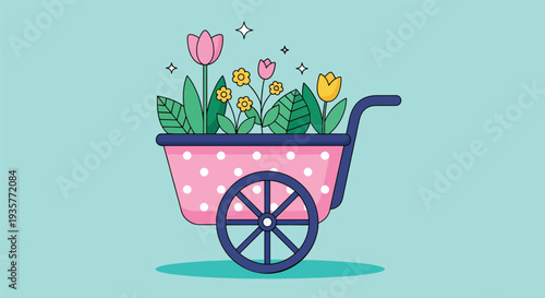 Pink Wheelbarrow Filled with Colorful Spring Flowers.