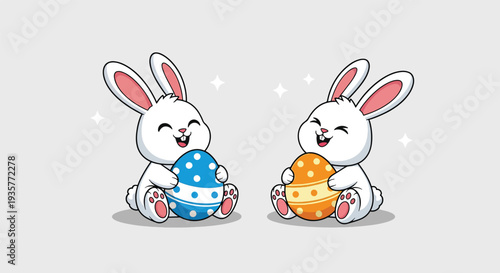 Two adorable cartoon bunnies happily holding colorful Easter eggs celebrating the festive season with joy and cheer.