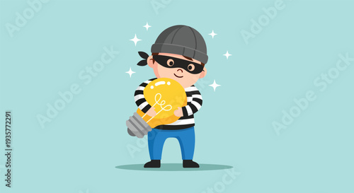 Thief stealing a glowing light bulb representing idea theft or intellectual property infringement.