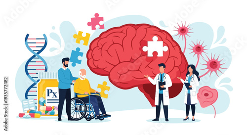 Medical doctors explaining alzheimer disease to an elderly man in wheelchair, dna double helix, pills, and neurons background