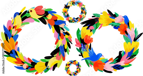 Set of 4 colorful bird feather wreaths vector