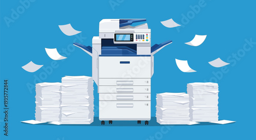 Document printer, flying paper sheets. copier machine for office work, printing or scanning large amounts of paper document management