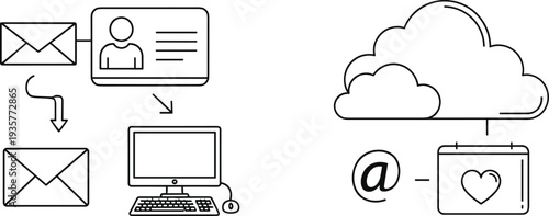 Email marketing and cloud communication line icons set, digital message workflow and online calendar concept isolated illustration