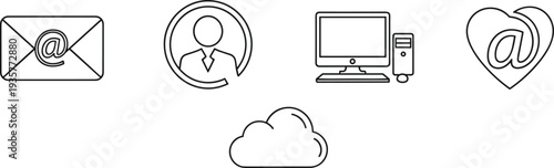 Email communication and cloud technology line icons set, digital contact and computer network symbols isolated illustration