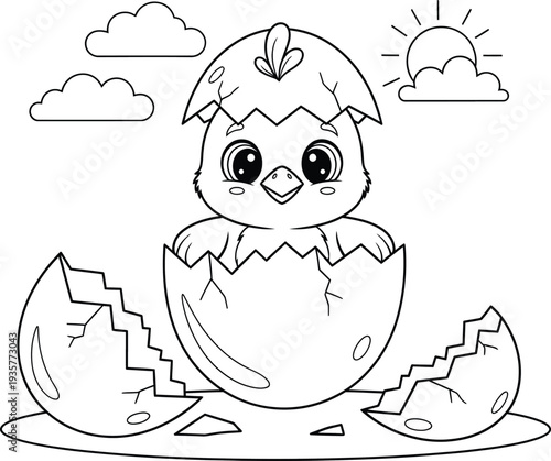 Adorable chick hatching from cracked eggshell outdoors on sunny day illustration wqe reference