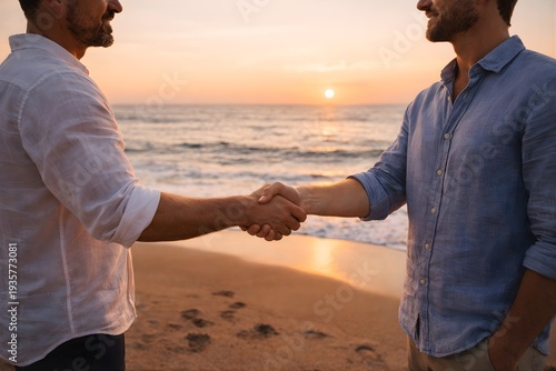 Startup founders handshake on tropical beach at sunset wearing casual linen shirts, relaxed business meeting, entrepreneurship partnership and creative collaboration concept for modern remote work