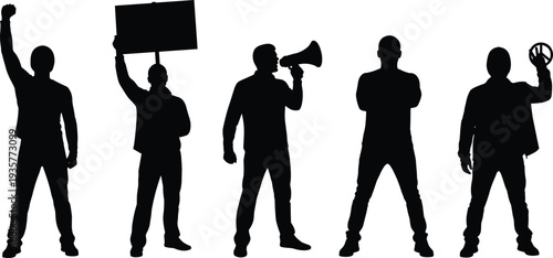 Protesters silhouettes with megaphone and sign board, social activism demonstration people isolated on white background protest concept