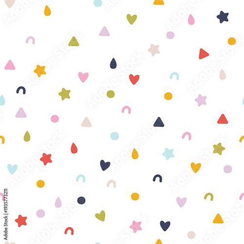 Chaotic confetti seamless pattern. Vector abstract background. Cute simple candy, star, heart, drops, triangles and polka dot shapes in a fun vintage palette. Nursery Decor, wrapping paper, textile 