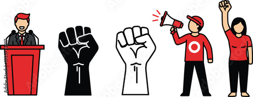 Political protest activism icons with raised fists megaphone and speaker podium, social movement illustration isolated on white background