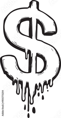 Dripping dollar sign symbol with melted effect on white background representing financial loss or economic stress
