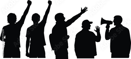 Protesters silhouettes with raised fists and megaphone, social activism demonstration people isolated on white background protest concept