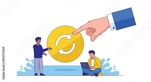 Feedback loop, give and take concept. person receives information, another person works with laptop. exchange data or experience