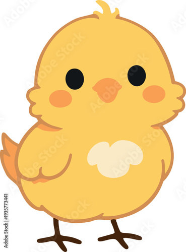 A cute flat cartoon illustration of a yellow baby chick with rosy cheeks and tiny wings.