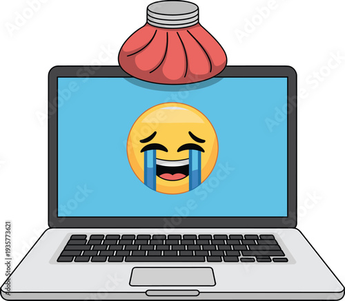 Laptop with crying emoji and ice bag, online sadness concept, digital stress and emotional burnout illustration, modern flat vector technology emotion design