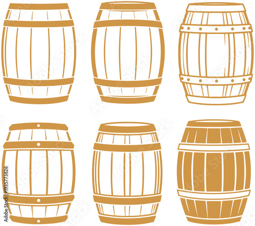 Set of wooden barrels in various styles and angles for design use