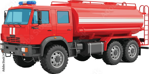 Red fire tanker truck emergency rescue vehicle side view transportation safety service flat vector illustration