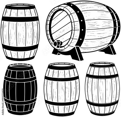Set of wooden barrels in various styles and positions