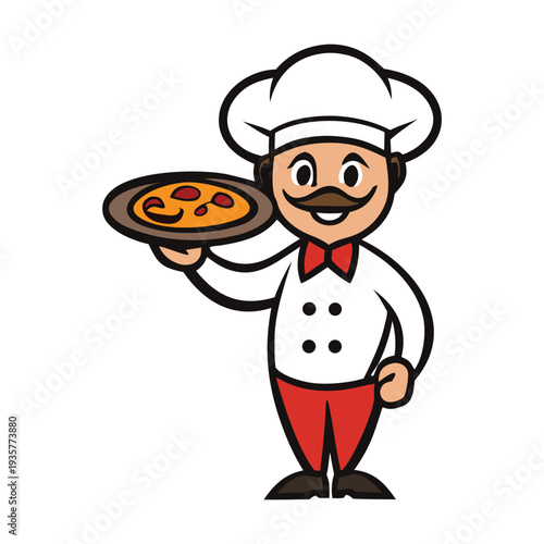 A skilled pizzaiolo proudly presents a freshly baked pizza, topped with rich tomato sauce, melted cheese, and herbs. The classic scene celebrates tradition, flavor, and the art of pizza making. 