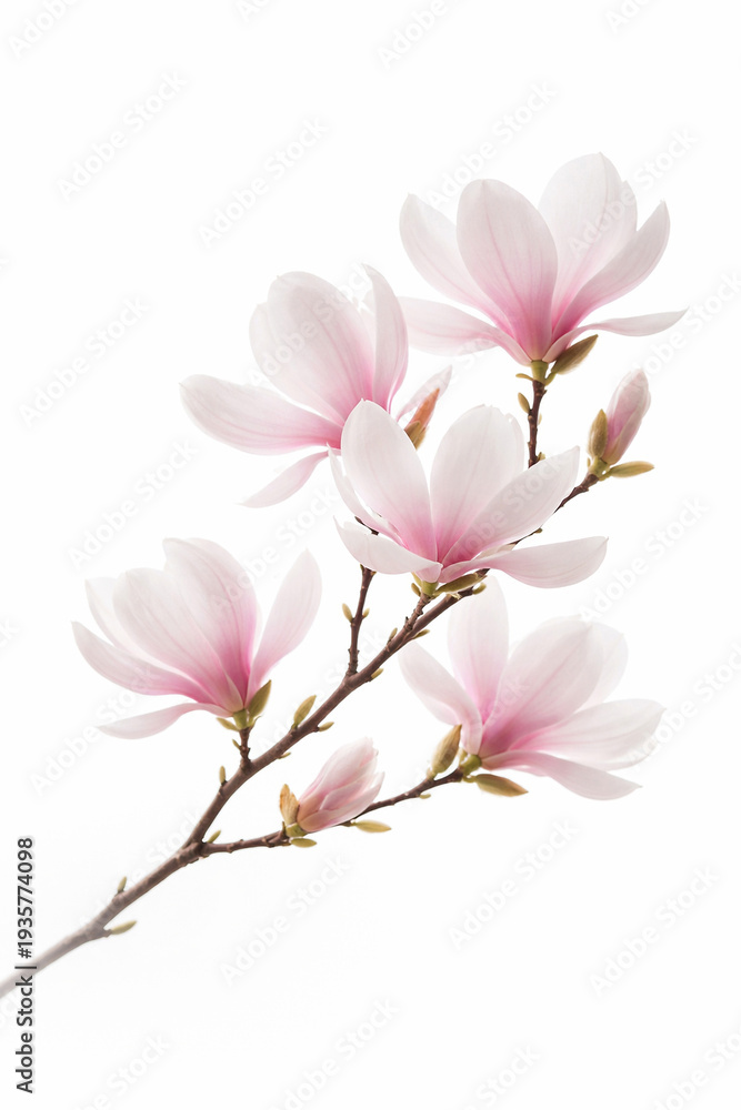 Obraz premium Pink magnolia blossoms on branch isolated on white background