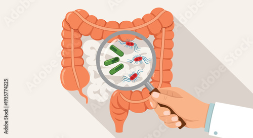 Medical examination of human intestines showing bacteria and microorganisms under microscope representing digestive health